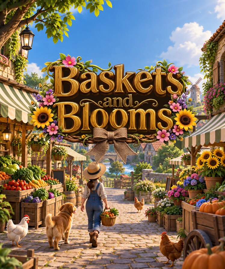 Baskets and Blooms key art — a farmer with a basket of produce walks through a flower-filled market with her dog